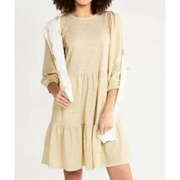 Draper James RSVP Tiered Tan Houndstooth 3/4 Puff Sleeve Mini Dress Women's XL - Picture 1 of 13